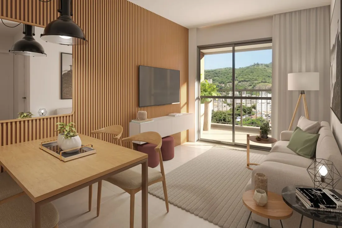 Sala integrada à varanda em apartamento de 1 quarto do Cores da Tijuca, com vista para o verde