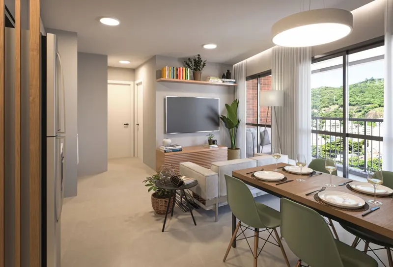 Sala de jantar e estar de apartamento de 2 quartos do Cores da Tijuca