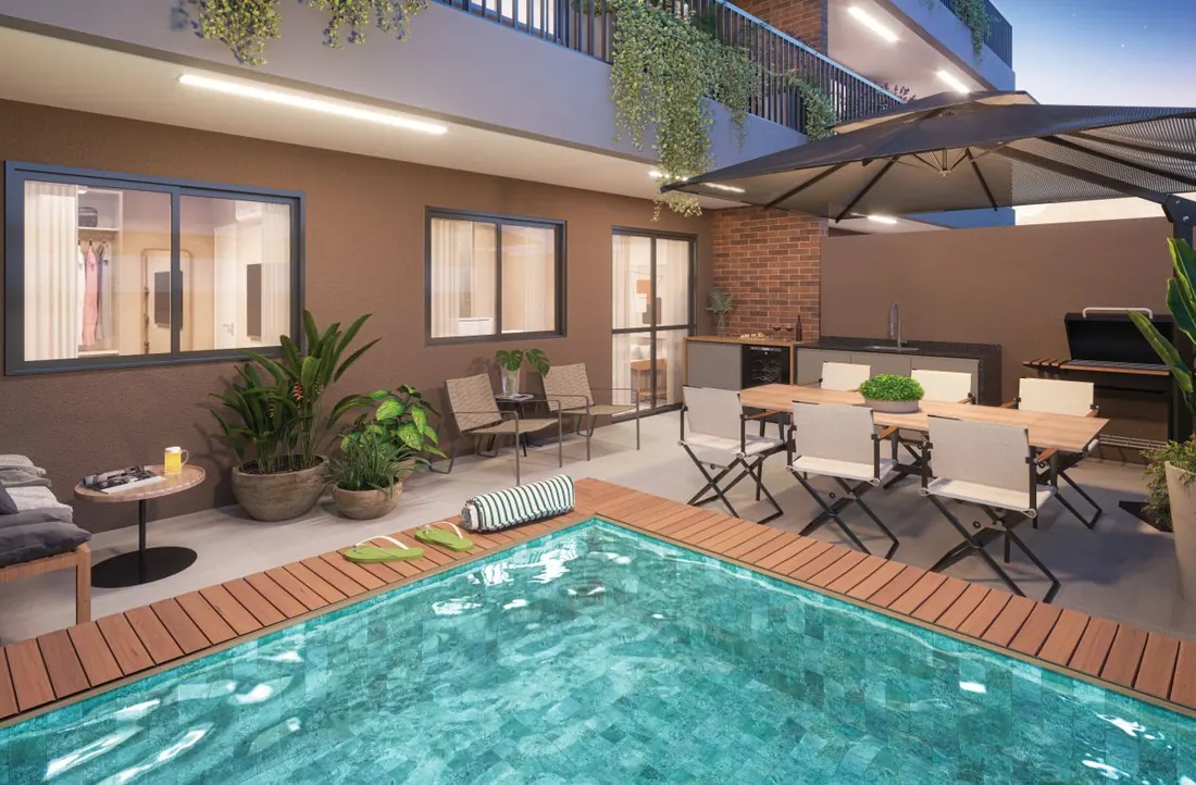 Terraço de garden de 2 quartos do Cores da Tijuca com piscina, deck e área gourmet
