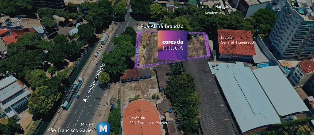 Vista aérea do terreno do Cores da Tijuca na Rua Alzira Brandão, ao lado da Estação São Francisco Xavier do metrô e da Avenida Heitor Beltrão