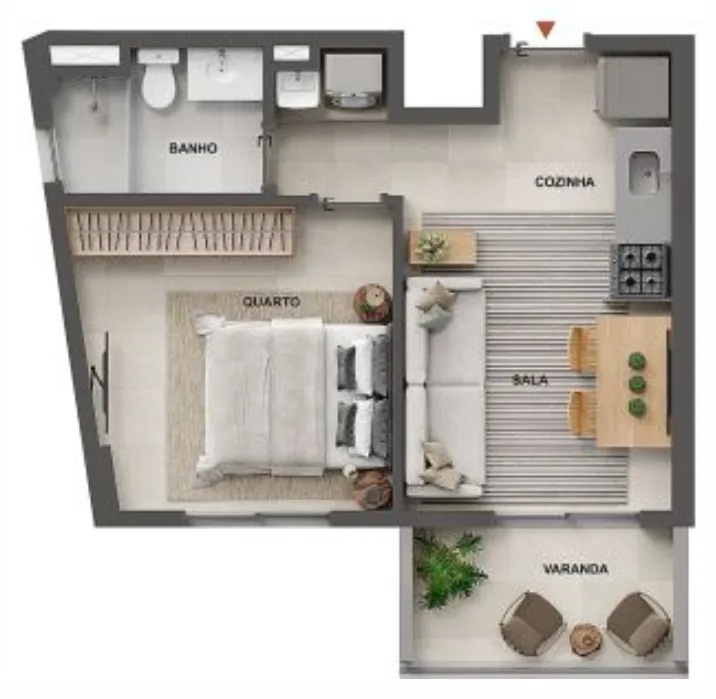 Planta do apartamento de 1 quarto de 38,36 m² do Cores da Tijuca