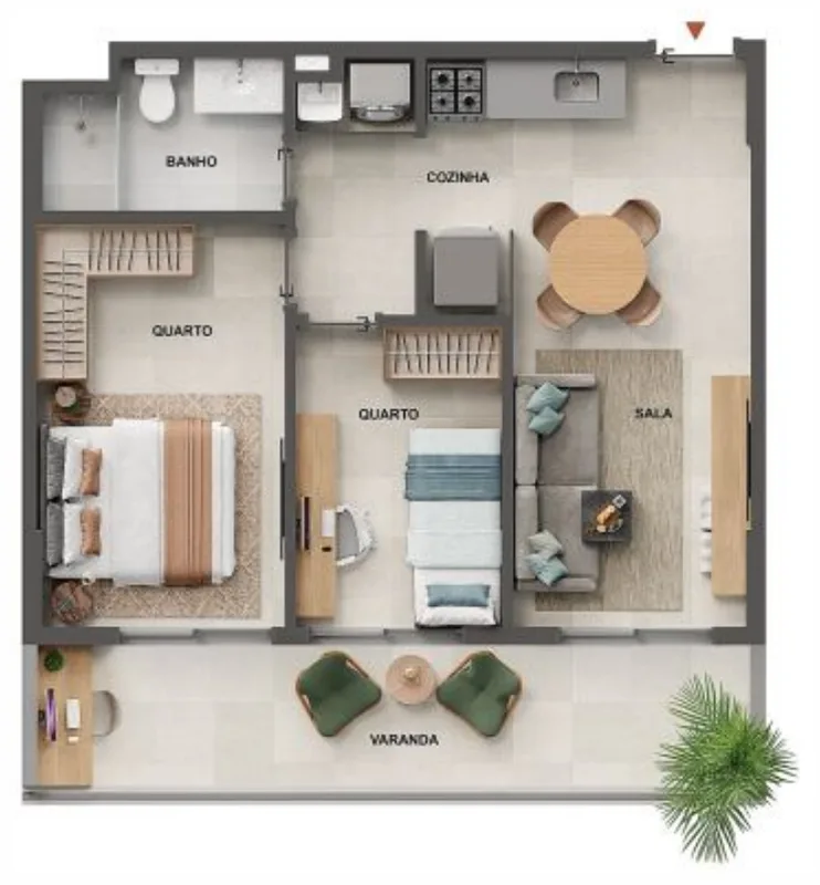 Planta do apartamento de 2 quartos de 56,34 m² do Cores da Tijuca, com varanda