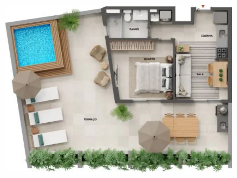 Planta do garden de 1 quarto de 89,26 m² do Cores da Tijuca, com terraço e piscina opcional
