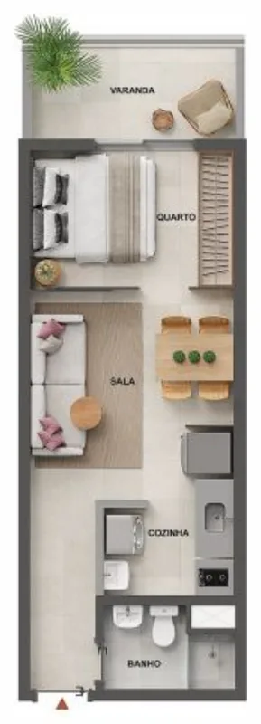 Planta do studio de 34,46 m² do Cores da Tijuca, com varanda, sala, quarto e cozinha
